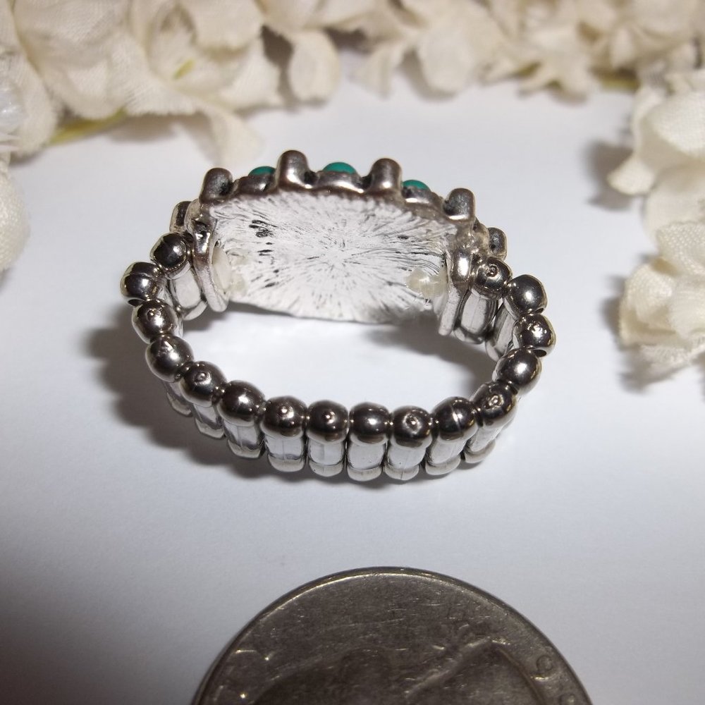 Teal Green and Silver Ring Adjustable Size Stretch Band Southwestern Style A945 - Picture 4 of 5